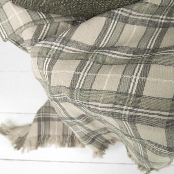Beige checked linen cotton blanket close up view
