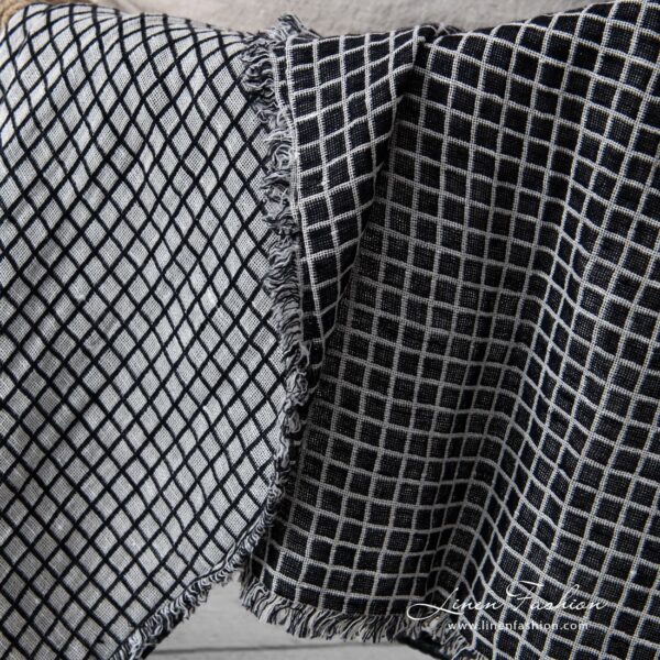 Double sided black linen cotton blanket with fringes