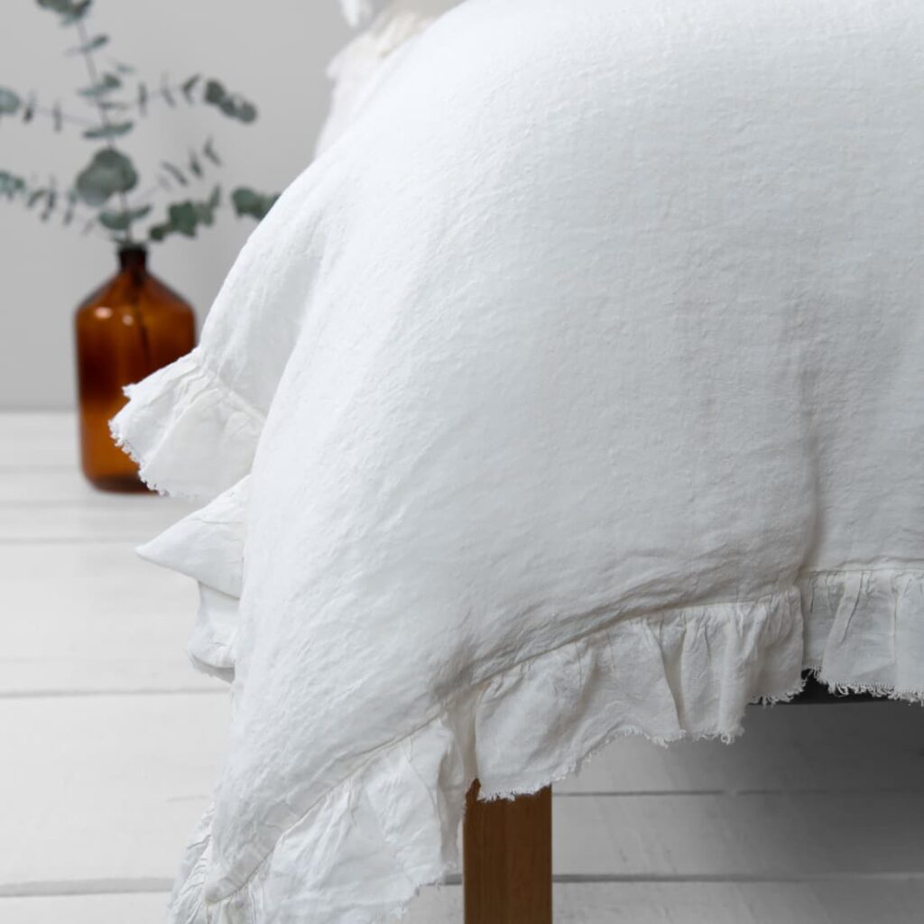 off white linen duvet cover with ruffles