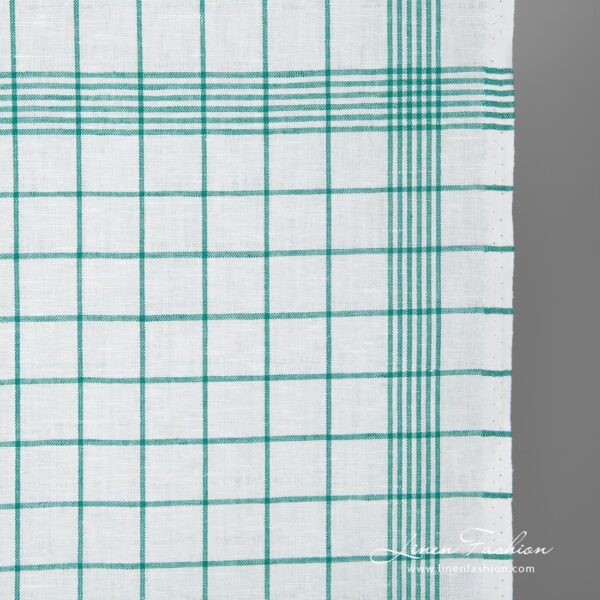 White fabric with green checks narrow width close up view