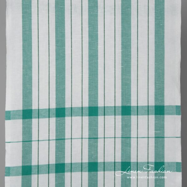 White linen cotton fabric with green stripes