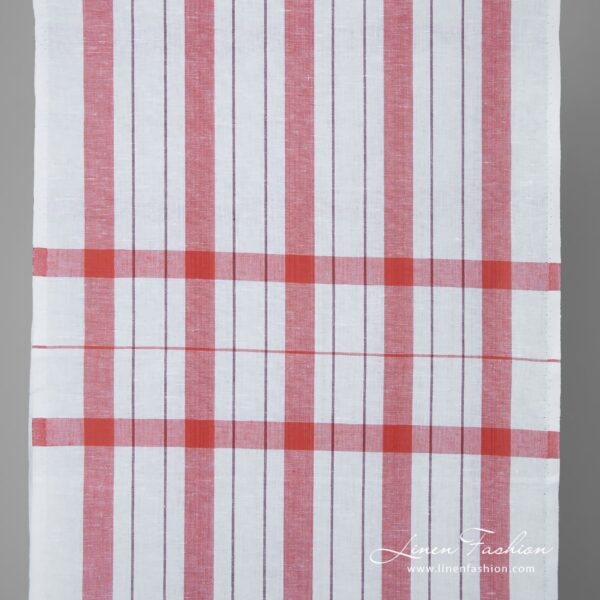 Narrow white linen cotton fabric with red stripes