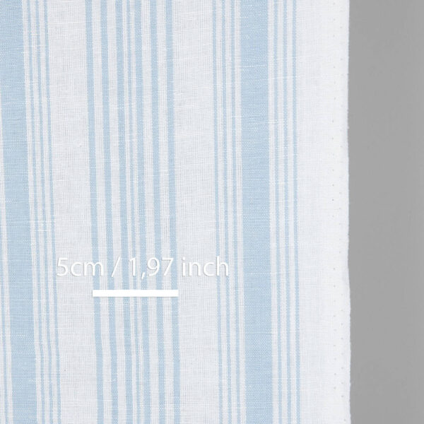 Narrow linen cotton fabric white with light blue stripes, with measurements