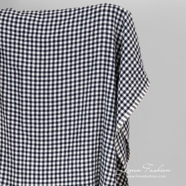 Linen fabric navy gingham checks, washed.