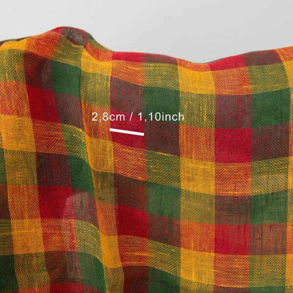 Yellow, green and red checked linen fabric with measurements