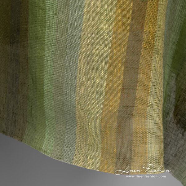 Lightweight linen fabric with uneven green, yellow, orange, grey, brown stripes
