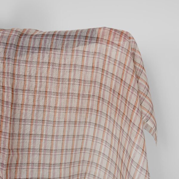 Tessuto di lino beige, arancione, rosa, a quadretti, garza multicolore