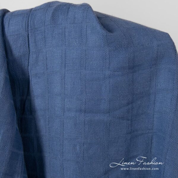 Washed blue linen blend fabric in check pattern