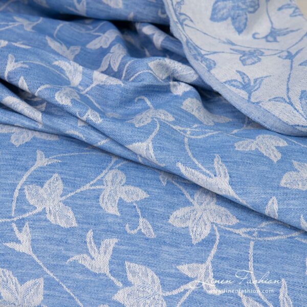Blue linen cotton fabric in jacquard flowery pattern