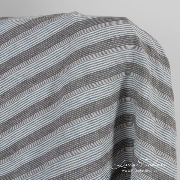 Brown blue linen fabric in stripes, washed