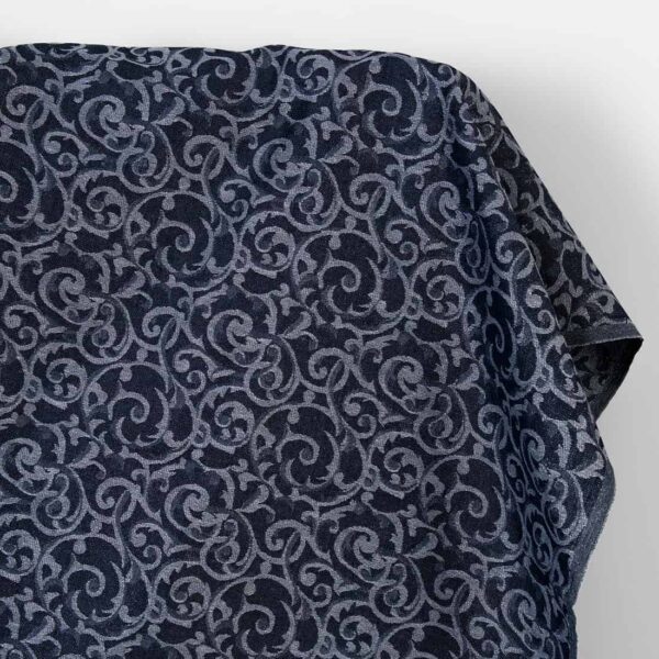 Tessuto in lino e cotone jacquard blu e grigio lurex argento