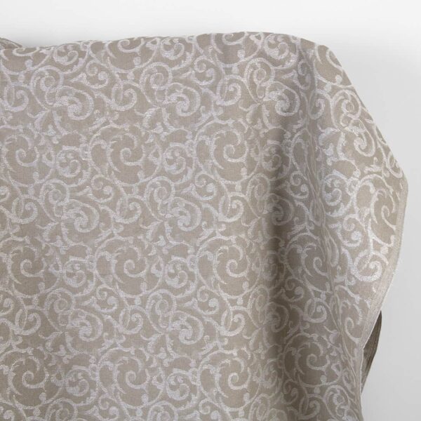 Tessuto di lino e cotone beige e bianco jacquard argento lurex
