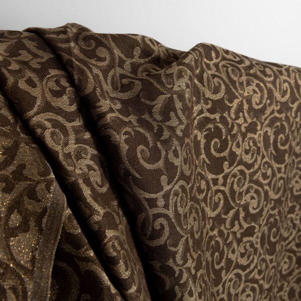 Tessuto di lino e cotone marrone e naturale jacquard oro lurex - immagine 3