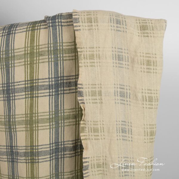 Green linen cotton fabric in checks, double-sided