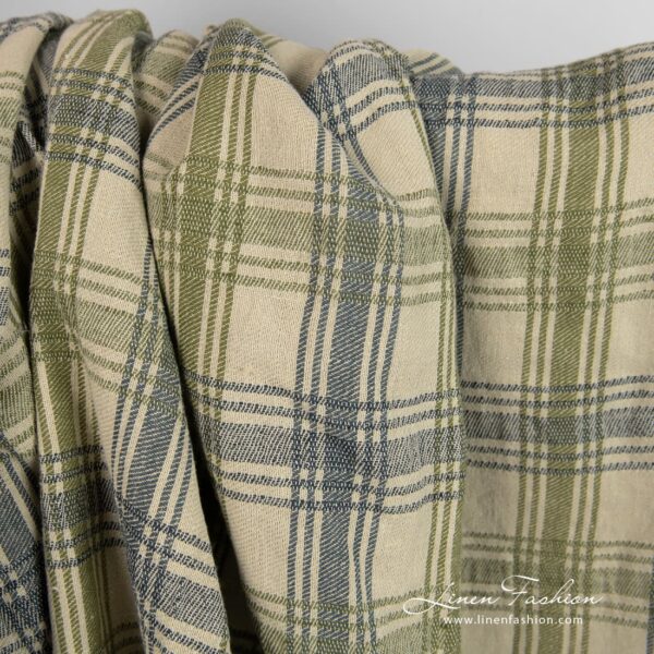 Linen cotton fabric woven from green and dark blue yarns