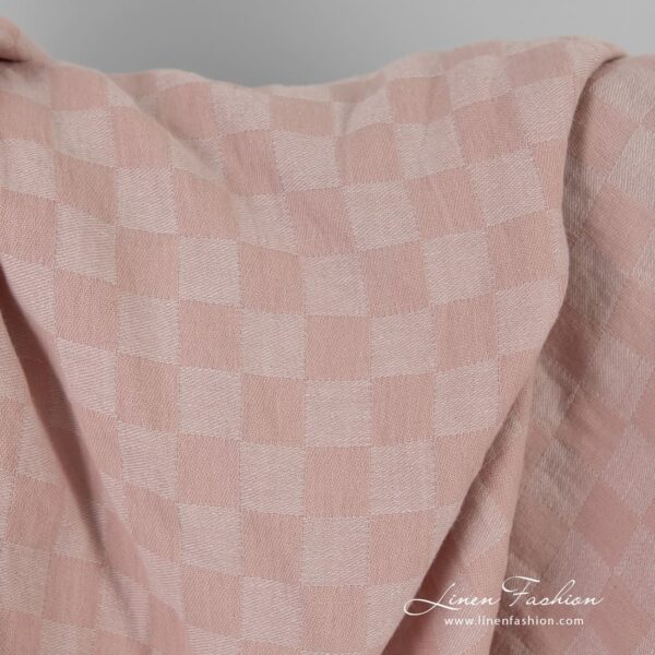 Pink linen cotton fabric in checks, washed