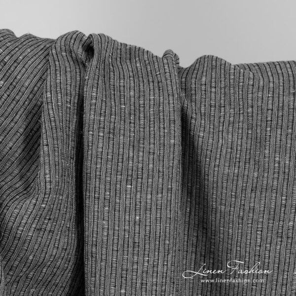 Black linen cotton fabric in stripes, washed