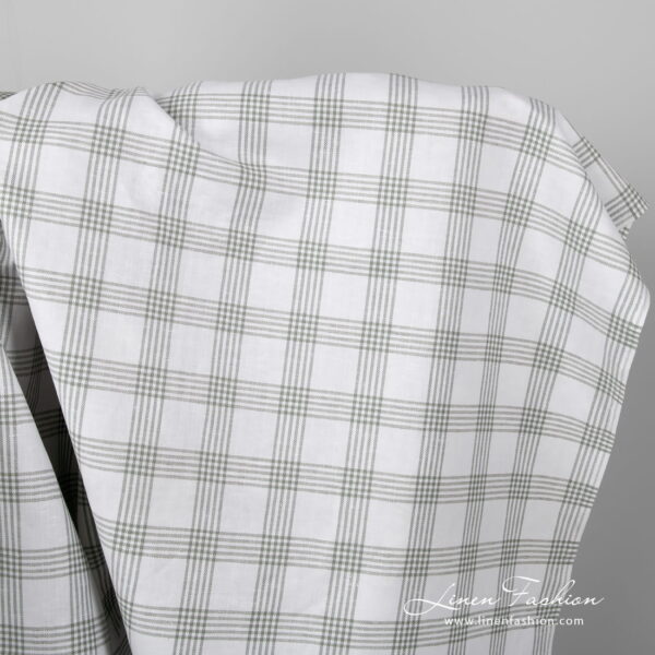 White linen cotton fabric with grey checks