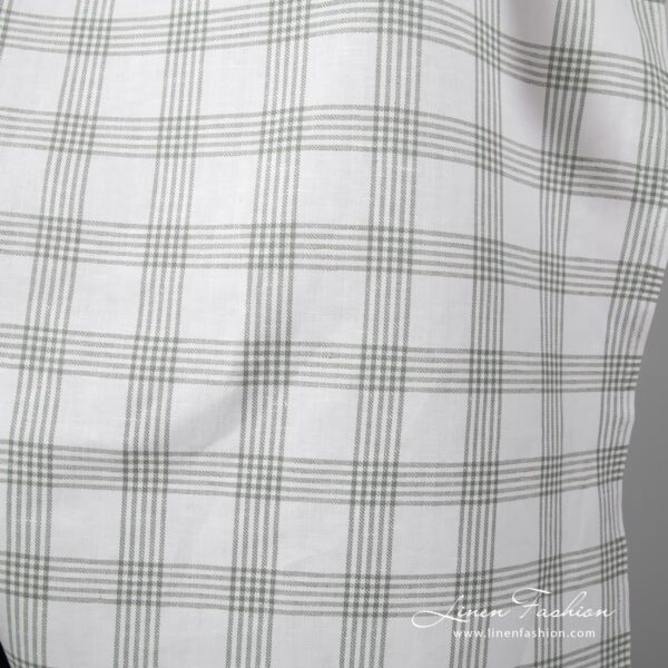 Grey grid checks on white background, twill weave linen cotton fabric