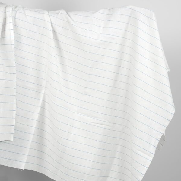 Washed linen cotton fabric white with sky blue stripes product photo