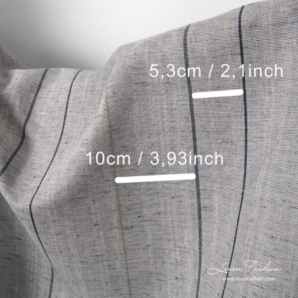 Grey linen blend fabric with black stripes and measurements