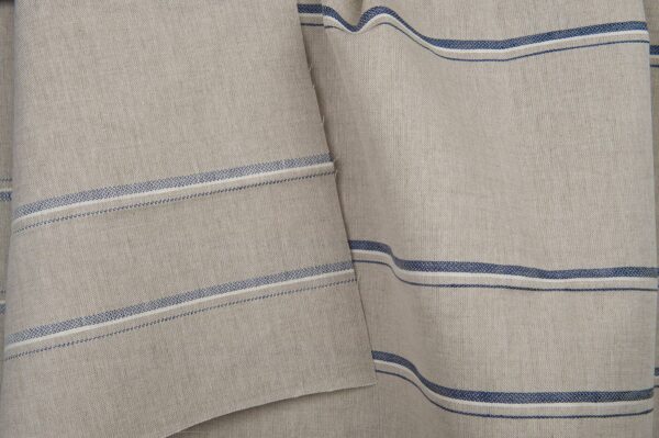 Tessuto in lino cotone grigio a righe blu - immagine 2