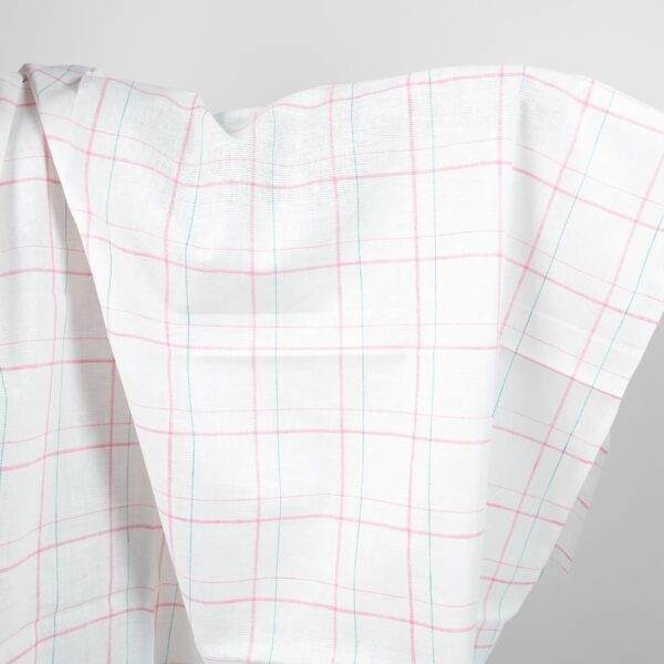 white linen fabric, pink checks