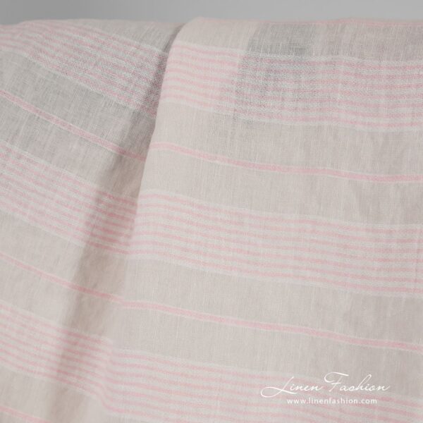 Yellow linen fabric in pink stripes, specially washed to increase softness