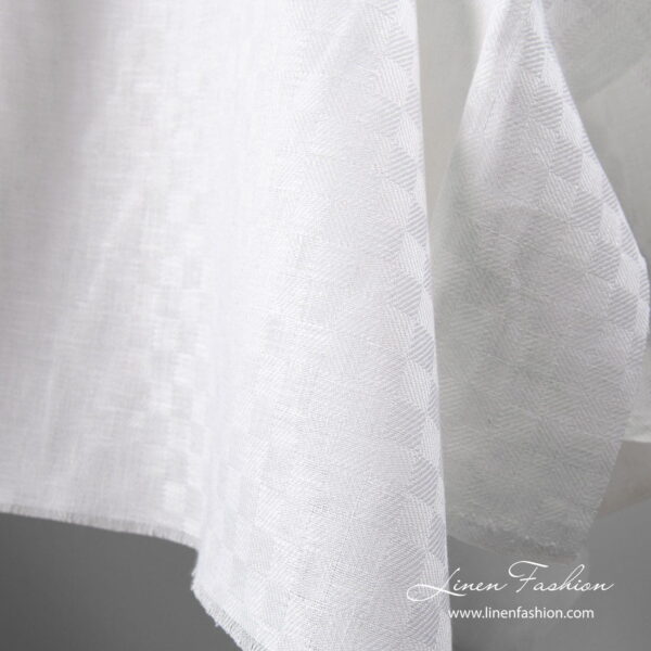 Bright white checked linen fabric