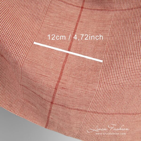 Wide red linen cotton fabric with checks, washed