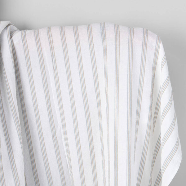 Washed linen cotton fabric white with blue and grey stripes