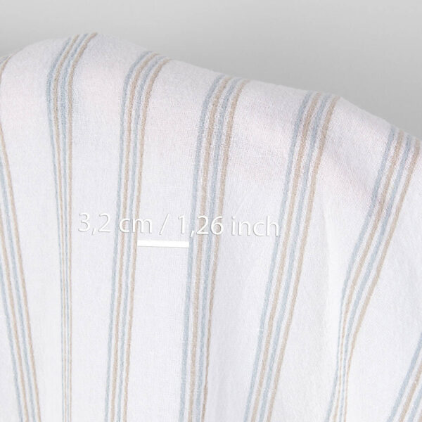Washed linen cotton fabric white with blue and grey stripes, with measurements