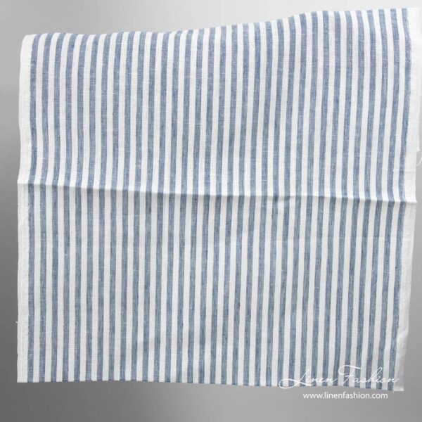 Narrow linen fabric white with denim blue stripes