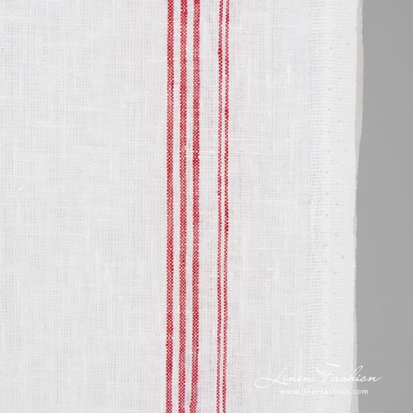 White linen fabric in crimson stripes