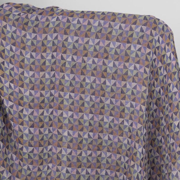 Washed linen fabric in violet multicolour triangles