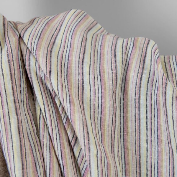 Linen hemp fabric multicolour with dark blue stripes washed, soft to touch
