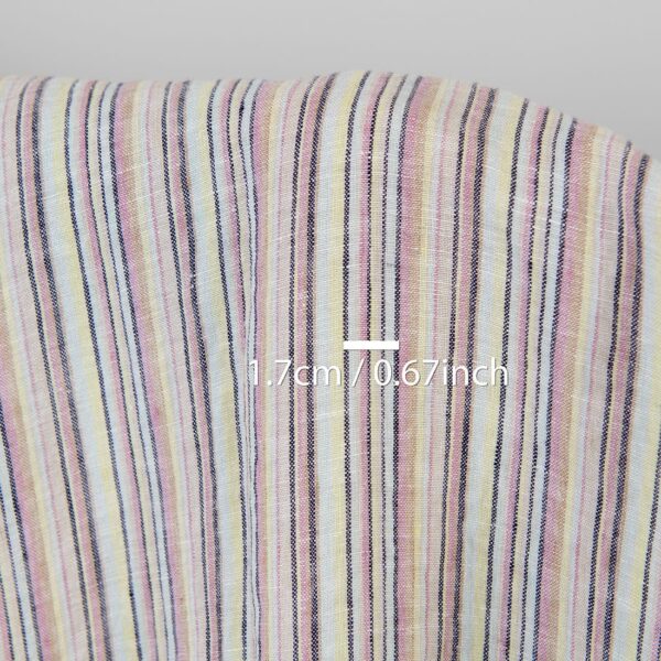 Linen hemp fabric multicolour with dark blue stripes washed, with measurements