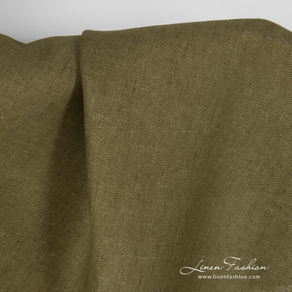Moss green dyed linen fabric in diagonal pattern.