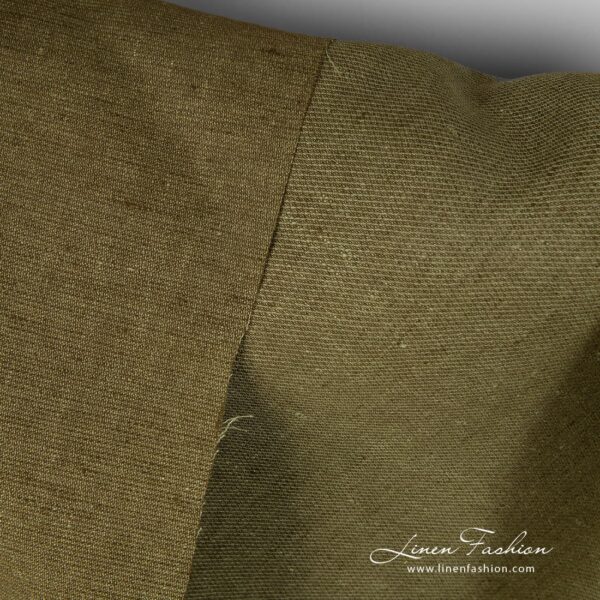 Diagonal patterned moss green linen fabric.