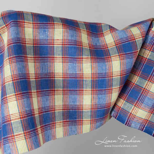 Linen fabric in blue orange checks.