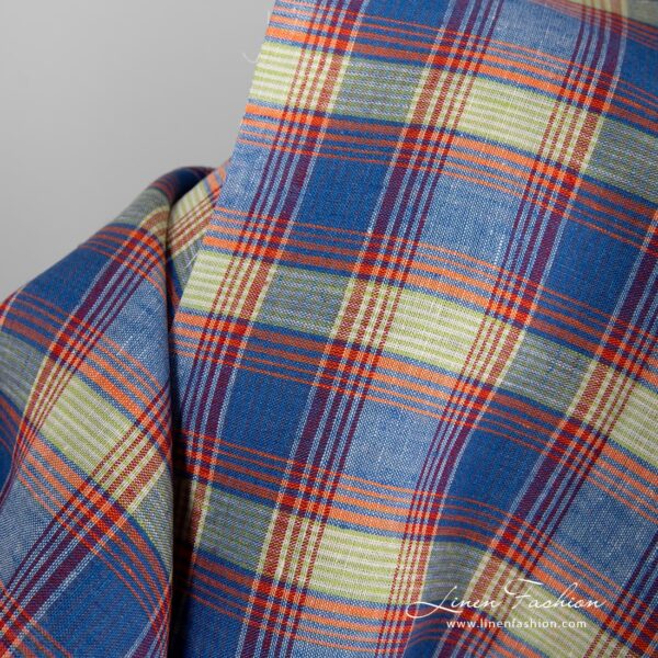 Blue orange checked 100% linen fabric.