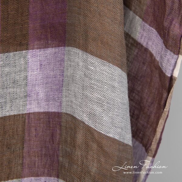 Linen fabric in wide stripes woven from violet, grey, black, yellow and brown yarns
