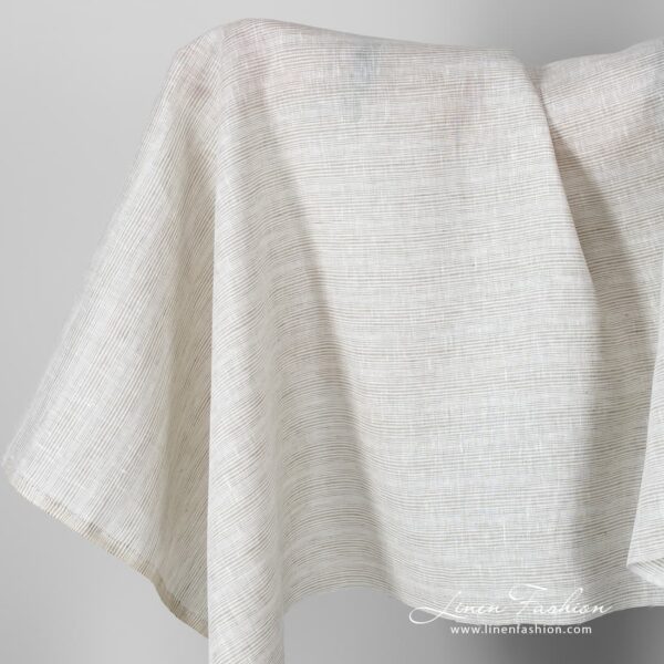 Linen fabric with brownish grey stripes.