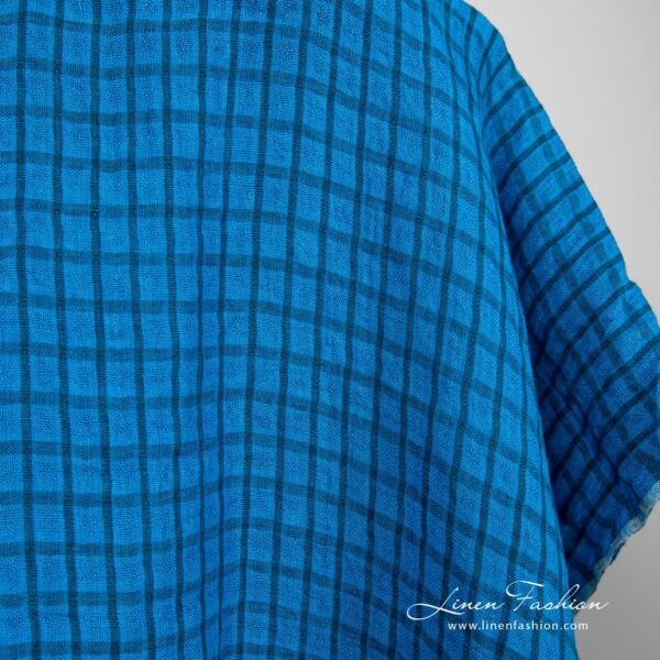 Linen fabric in bright blue checks, specially washed