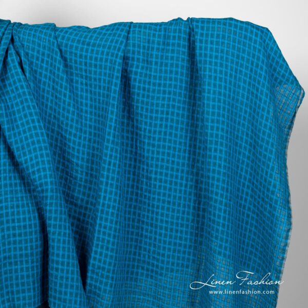 Linen fabric in turquoise and blue checks