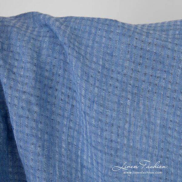 Blue openweave linen fabric in tiny transparent checks, washed fabric