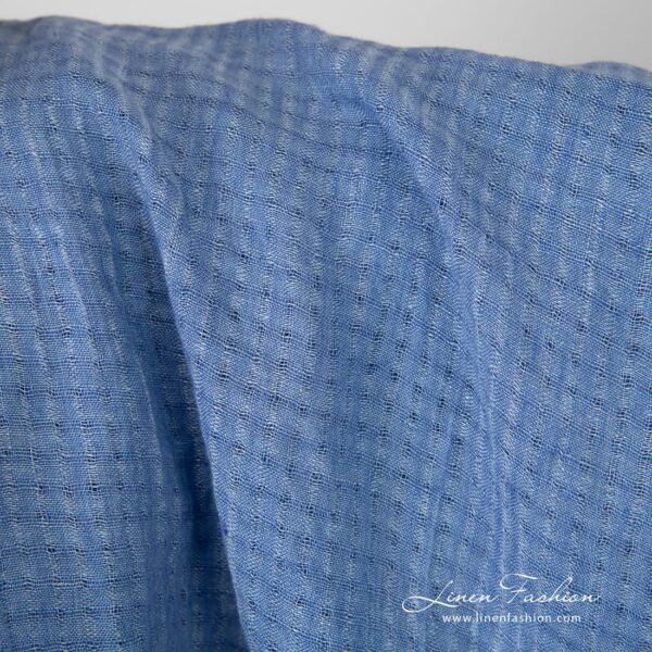 Blue openweave linen fabric in tiny checks