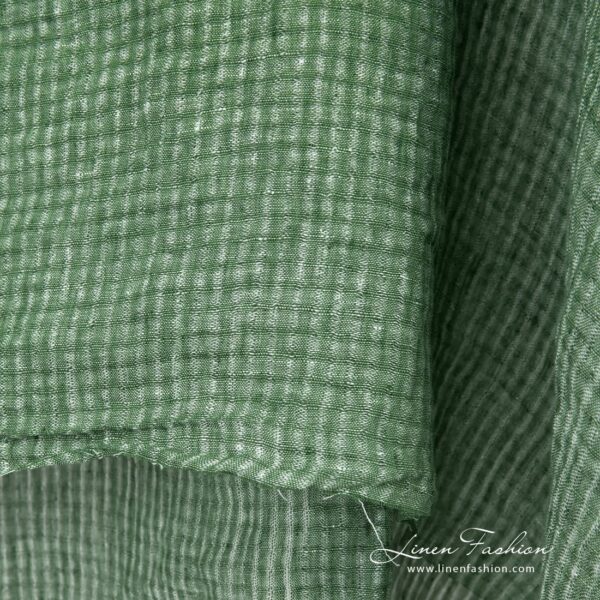 Green openweave linen fabric with transparent checks, washed fabric