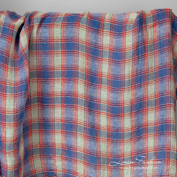 Lightweight washed linen fabric multicolour checks