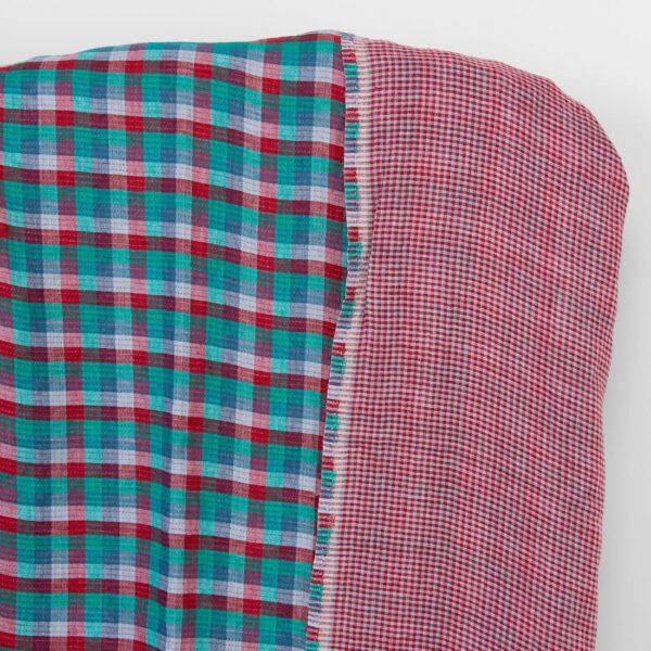 Tessuto di lino a quadretti double face rosso verde blu, lavato
